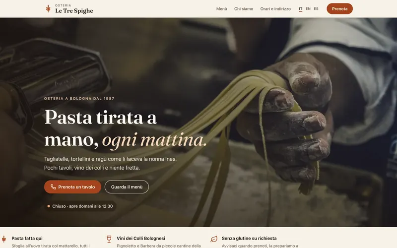 La pagina iniziale dell'Osteria Le Tre Spighe vista da computer