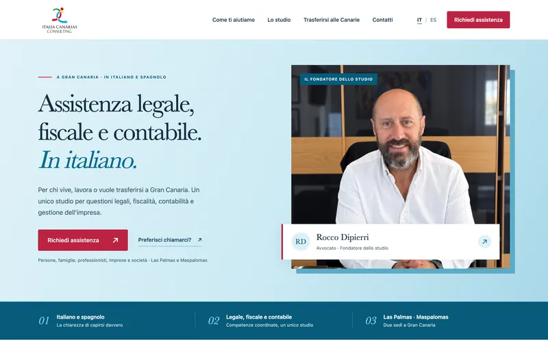 La pagina iniziale del sito di Italia Canarias Consulting vista da computer